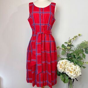 Vintage 50s Serbin Petite Red & Navy Plaid Belted Button-Front Dress | Made in U